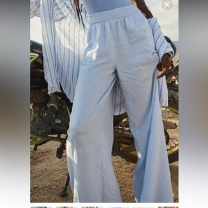 Aerie High Waisted Linen Blend Pool-To-Party Pant  Small in Eyelet Blue NWT!